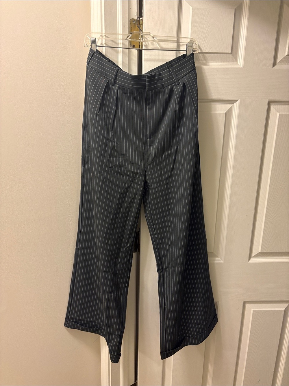 HALARA Black Pinstripe Wide-Leg Trousers